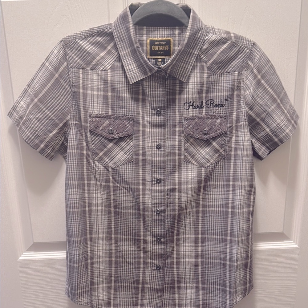 Hard Rock Gray Plaid Short-Sleeved Casual Button Down Shirt